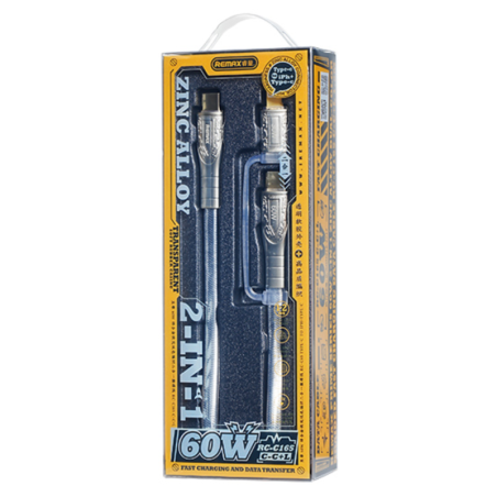 Câble 2-en-1 Type-C / Type-C + Lightning en Alliage Zinc Tressé de Charge Rapide 60W REMAX Prime Series RC-C165 - 1.2M - Argent